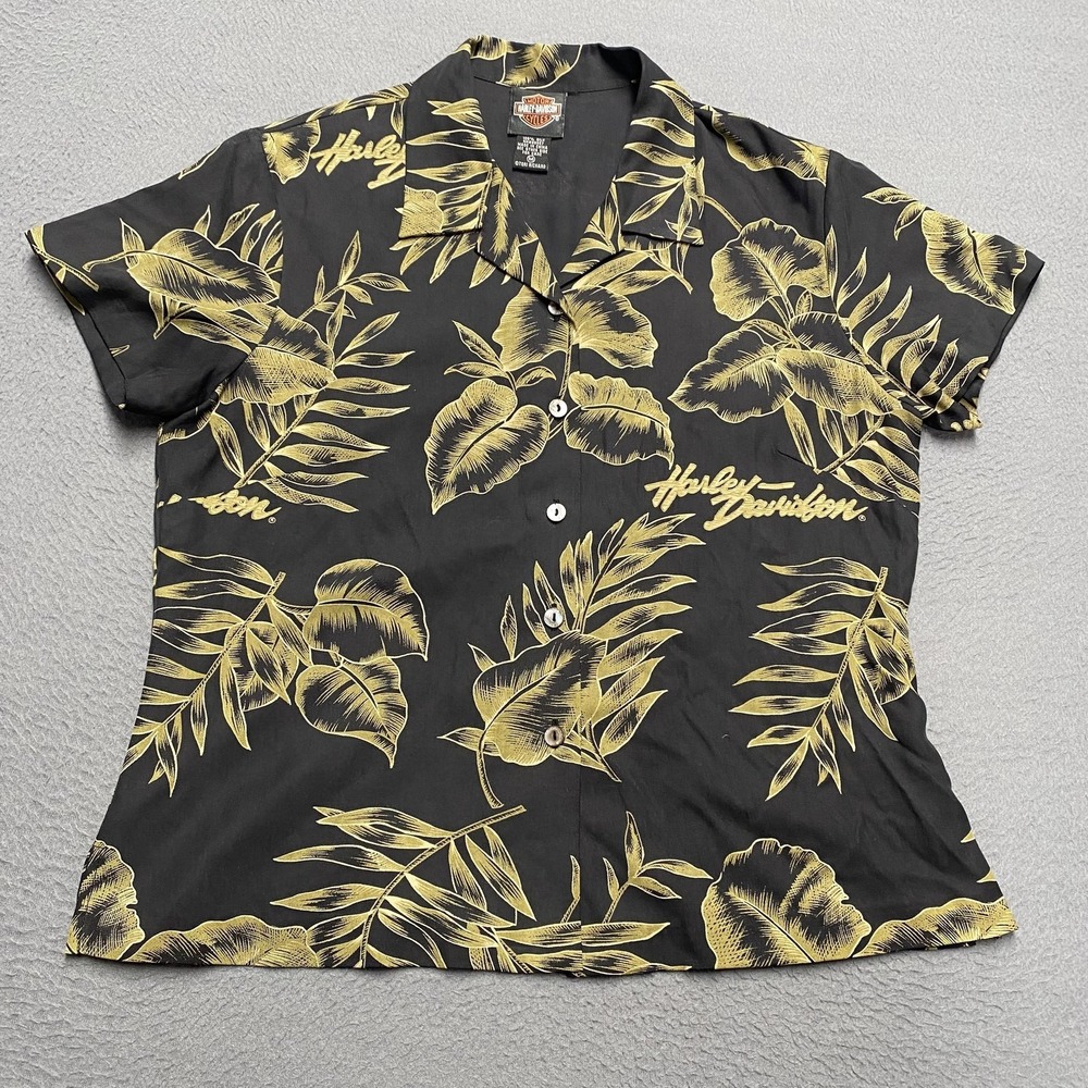 Harley-Davidson Shirt Womens M Black Floral Silk Button-Up Collared Lightweight